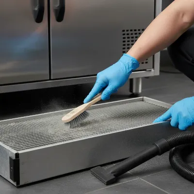 A person cleaning dirty condenser coils of a beer dispenser with a brush and vacuum.