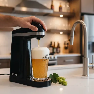 A person pouring beer from a Fizzics DraftPour Beer Dispenser into a glass, showing the micro-foam head