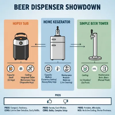 Infographic comparing Hopsy SUB with kegerator and beer tower.