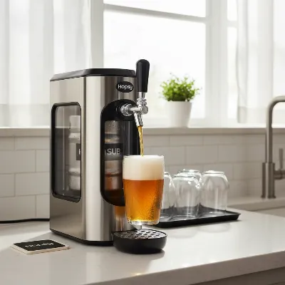 A sleek Hopsy SUB Draft Beer Dispenser sits on a modern kitchen countertop, ready to pour a perfect pint of beer, with a glass nearby.