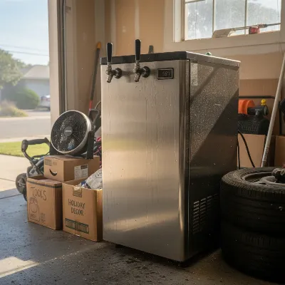 A beer dispenser struggling to cool in a hot, cluttered garage environment with sunlight streaming in.