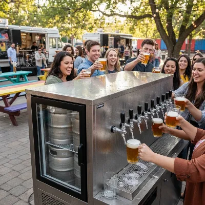 Heavy-duty commercial kegerator with multiple taps dispensing beer at a bustling outdoor party.