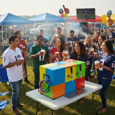 Jockey box with multiple taps serving beer at a lively outdoor tailgating event.