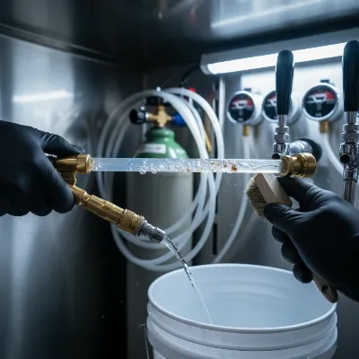 Technician cleaning beer lines in a home kegerator to ensure optimal beer freshness and system hygiene.