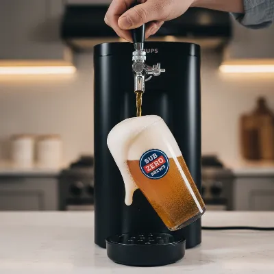 A close-up shot of a hand pouring a perfectly foamy beer from the Krups The Sub dispenser into a glass, highlighting the effortless dispensing and ideal beer head.