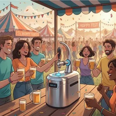 A stylized illustration of a portable beer dispensing system (like a party pump kit) being used at a lively outdoor festival.