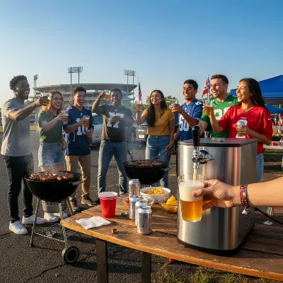 A sleek portable kegerator dispensing cold beer at a vibrant tailgating party with friends in the background.